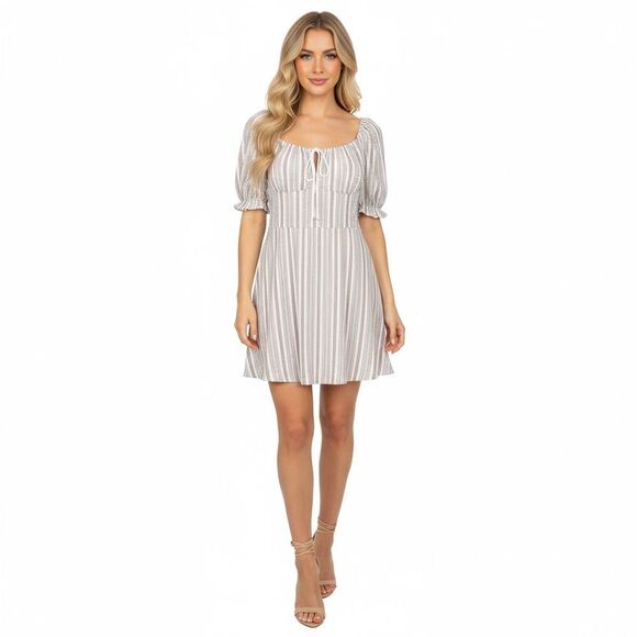 TOPSHOP Textured Stripe Puff Sleeve Milkmaid Stretchy Mini Dress 10 Medium - Picture 1 of 6